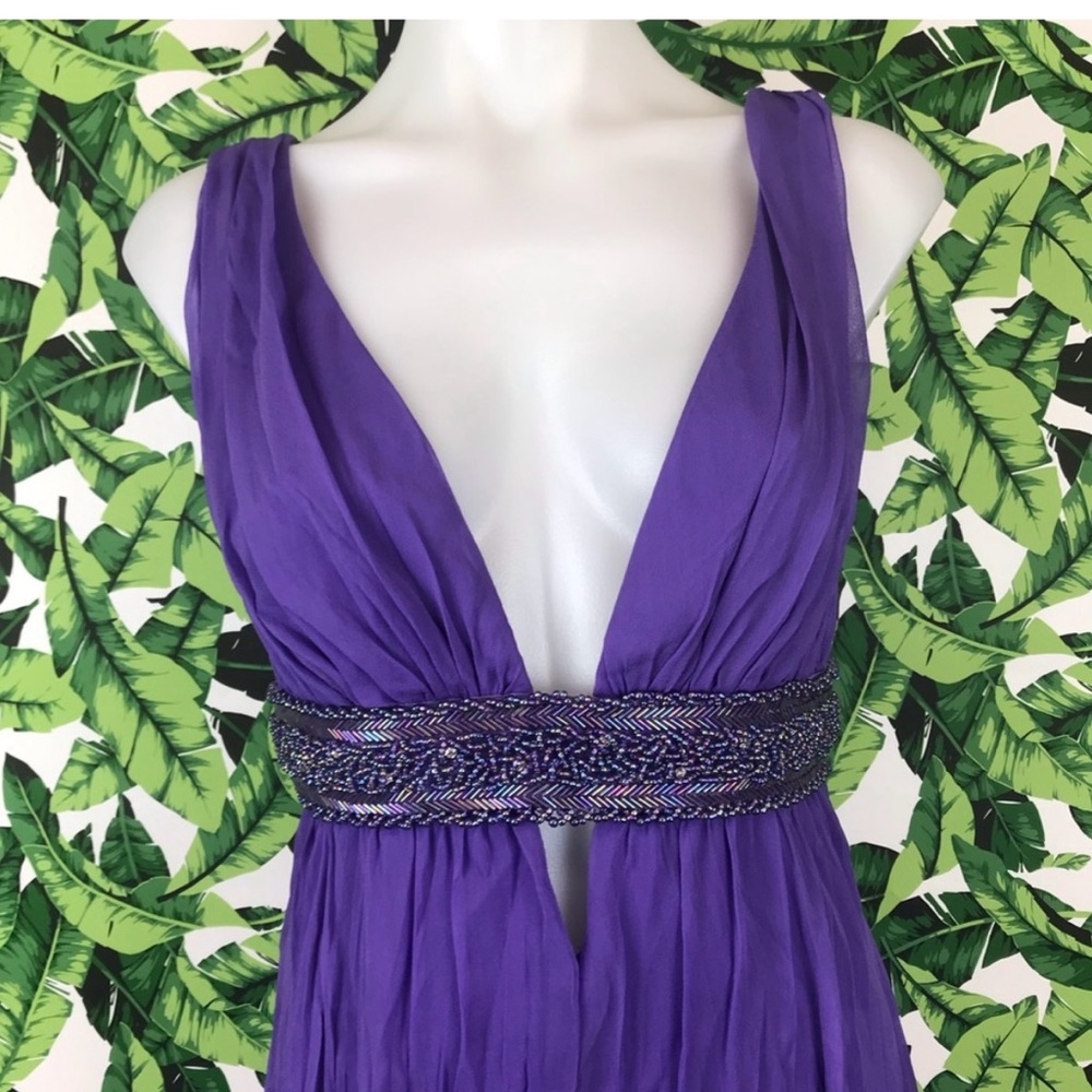 Maxi length formal purple dress v neck plunge